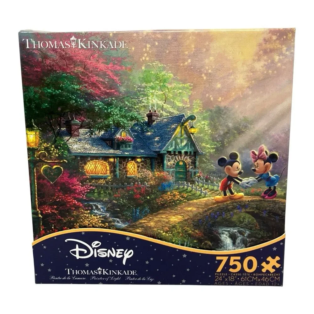 Disney Thomas Kinkade 750 Pc Puzzle Mickey Minnie Cottage Garden Scene‎ Romantic